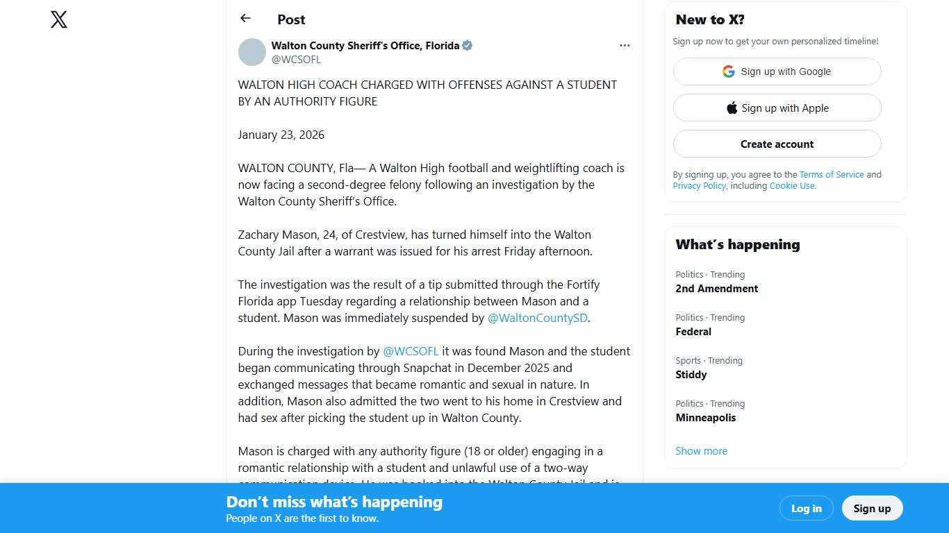 Walton County Sheriff's Office, Florida on X: "WALTON HIGH COACH CHARGED WITH OFFENSES AGAINST A STUDENT BY AN AUTHORITY FIGURE January 23, 2026 WALTON COUNTY, Fla— A Walton High football and weightlifting coach is now facing a second-degree felony following an investigation by the Walton County Sheriff’s Office. Zachary https://t.co/1i5HNeDxct" / X